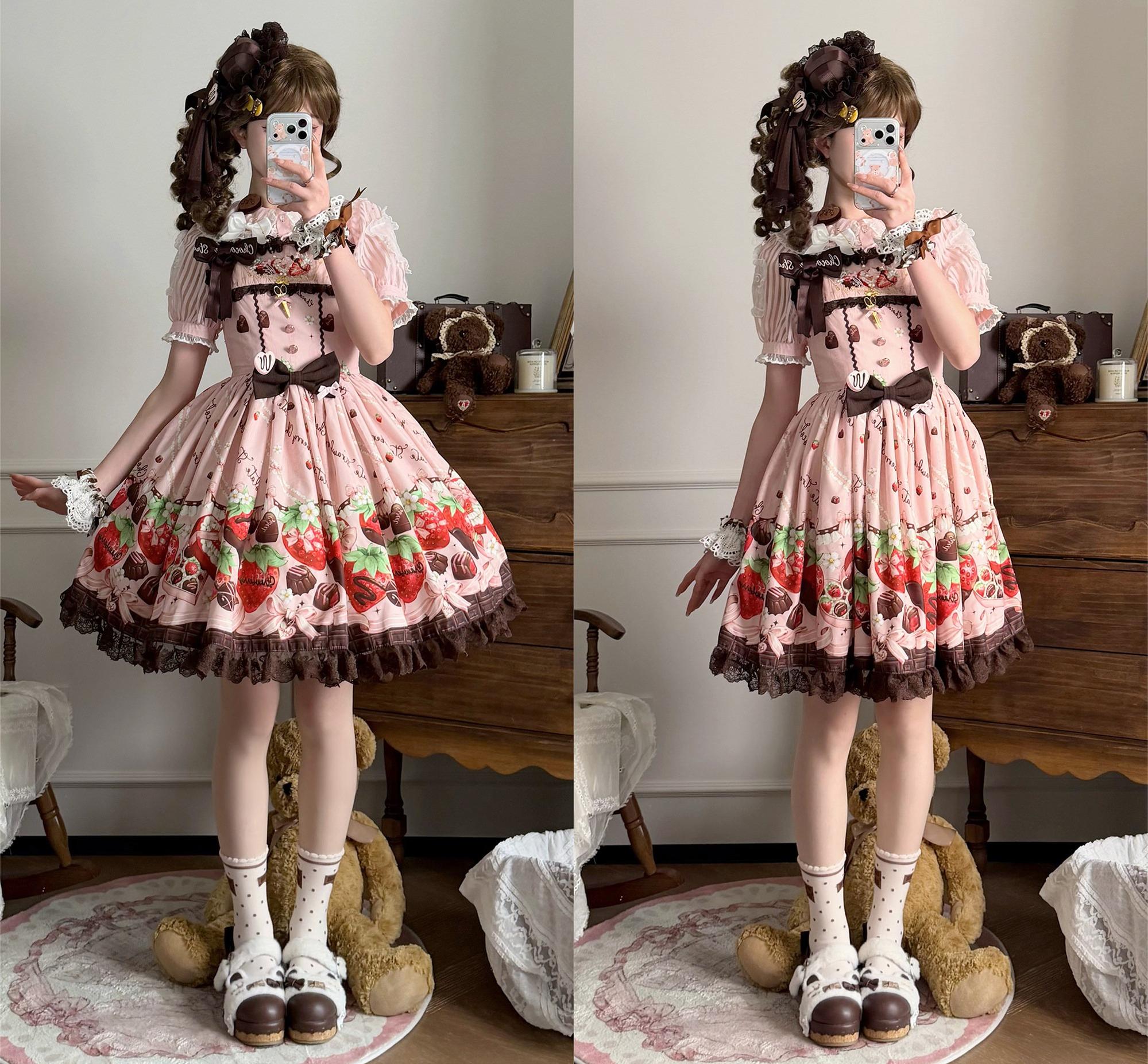 Strawberry Chocolate Lovers - Kawaii Lolita Embroidered Printed Dress 44882:840983