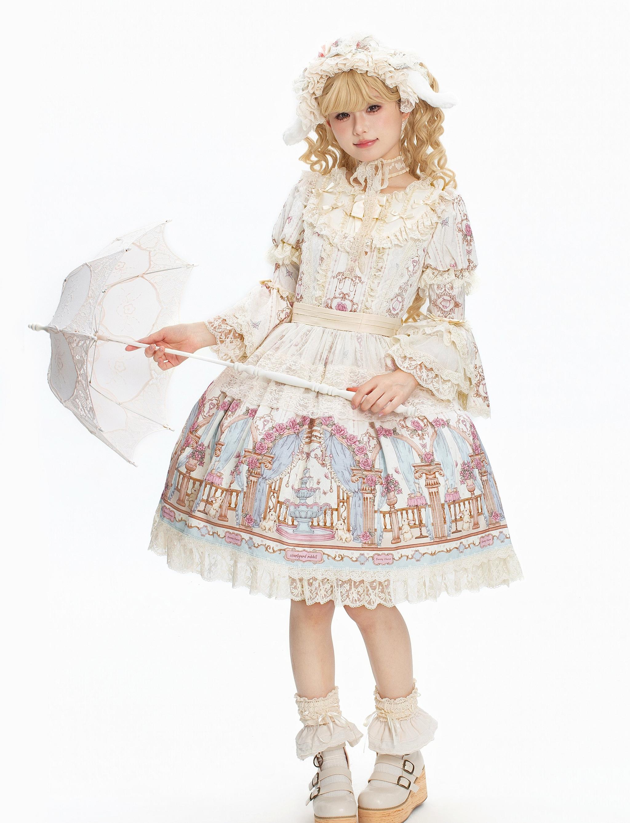 Wandering Rabbit's Palace - Doll-like Classic Lolita Palace Print OP Dress with Lace