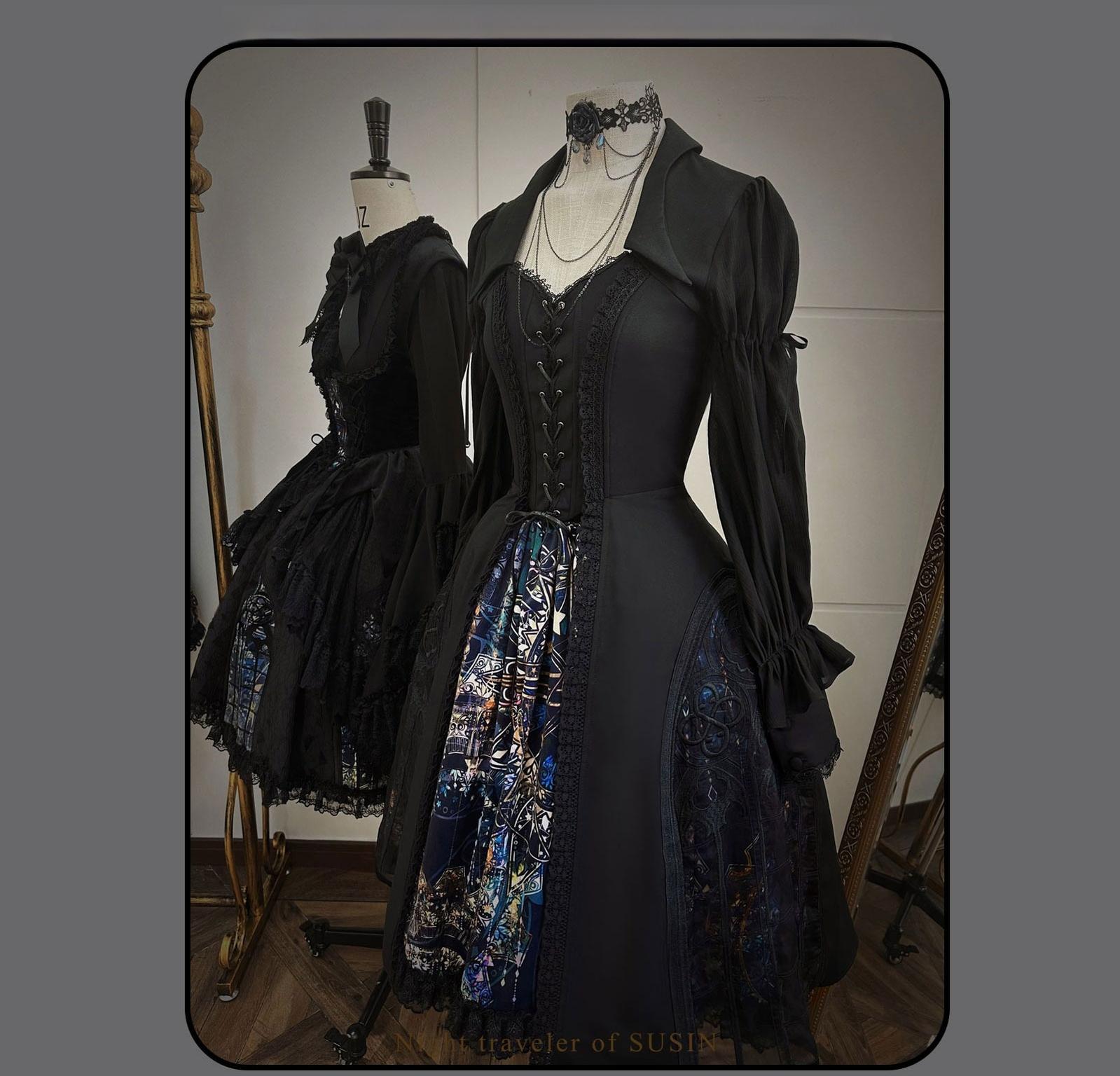 Susin Lolita - Night Traveler - Gothic Lolita Skirt Outfit Long Coat Shirt and Bustier Set 42118:727561