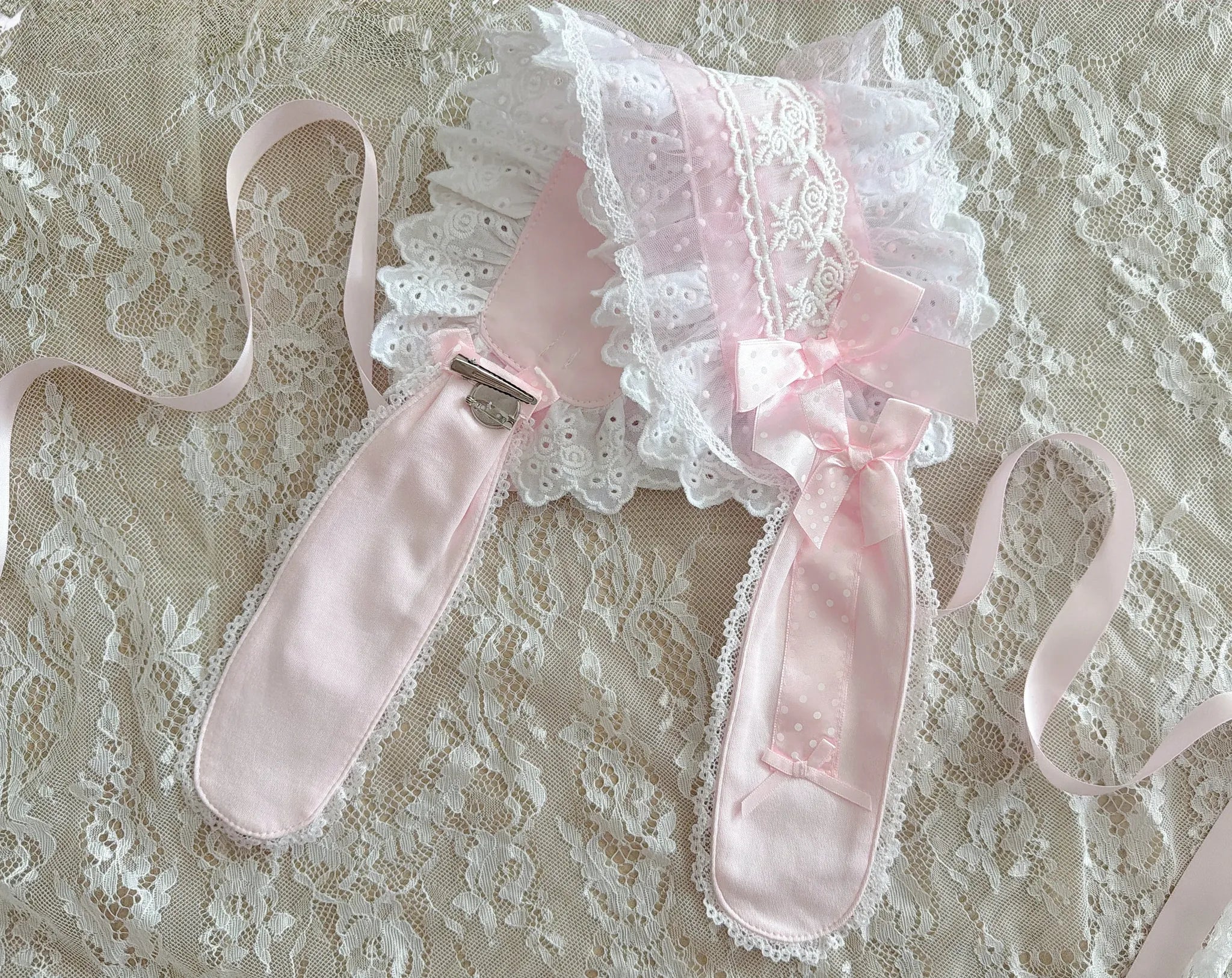 Little Dessert Chef - Old School Lolita JSK Dress, Cream-Like Ruffle Pink Detachable Bunny Ear Hairband (one size / M) S