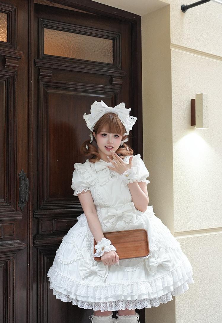 Creamy Sweet Bunny - Cotton Old School Lolita Bunny Ear OP Dress with Bows White OP + White KC + White Apron S