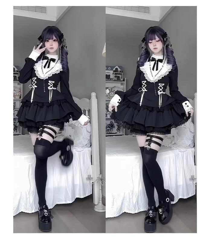 With Puji - Doki - Twin Lolita OP Black/White Goth Dress with Pocketed Shorts