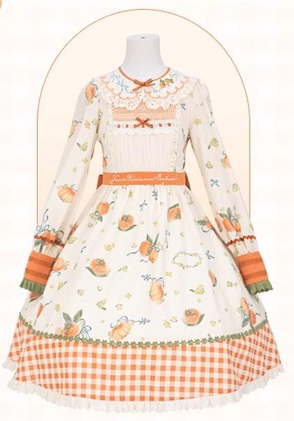 Mademoiselle Pearl~Persimmon~Autumn Persimmon Print Lolita OP JSK SK Dress XS Doll Collar OP (L M S XL XS) 29100:396042