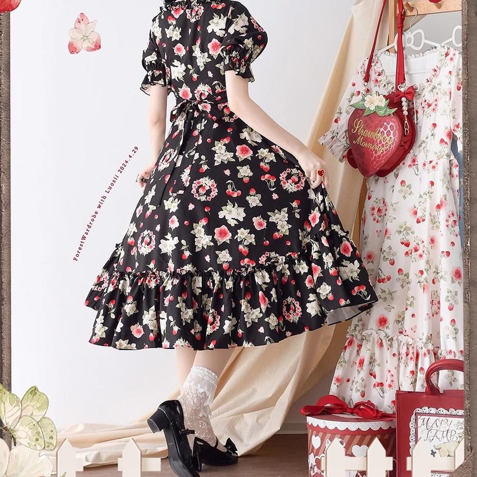 Forest Wardrobe - Summer Berry Picture Book - Vintage Lolita OP Dress Floral Print Short Sleeve Dress