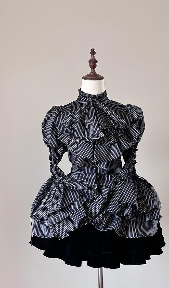 FlowerFairyDaily - Gothic Lolita Striped Shirt With Alternative NeckTie/Jabot Black Shirt With White Strips S