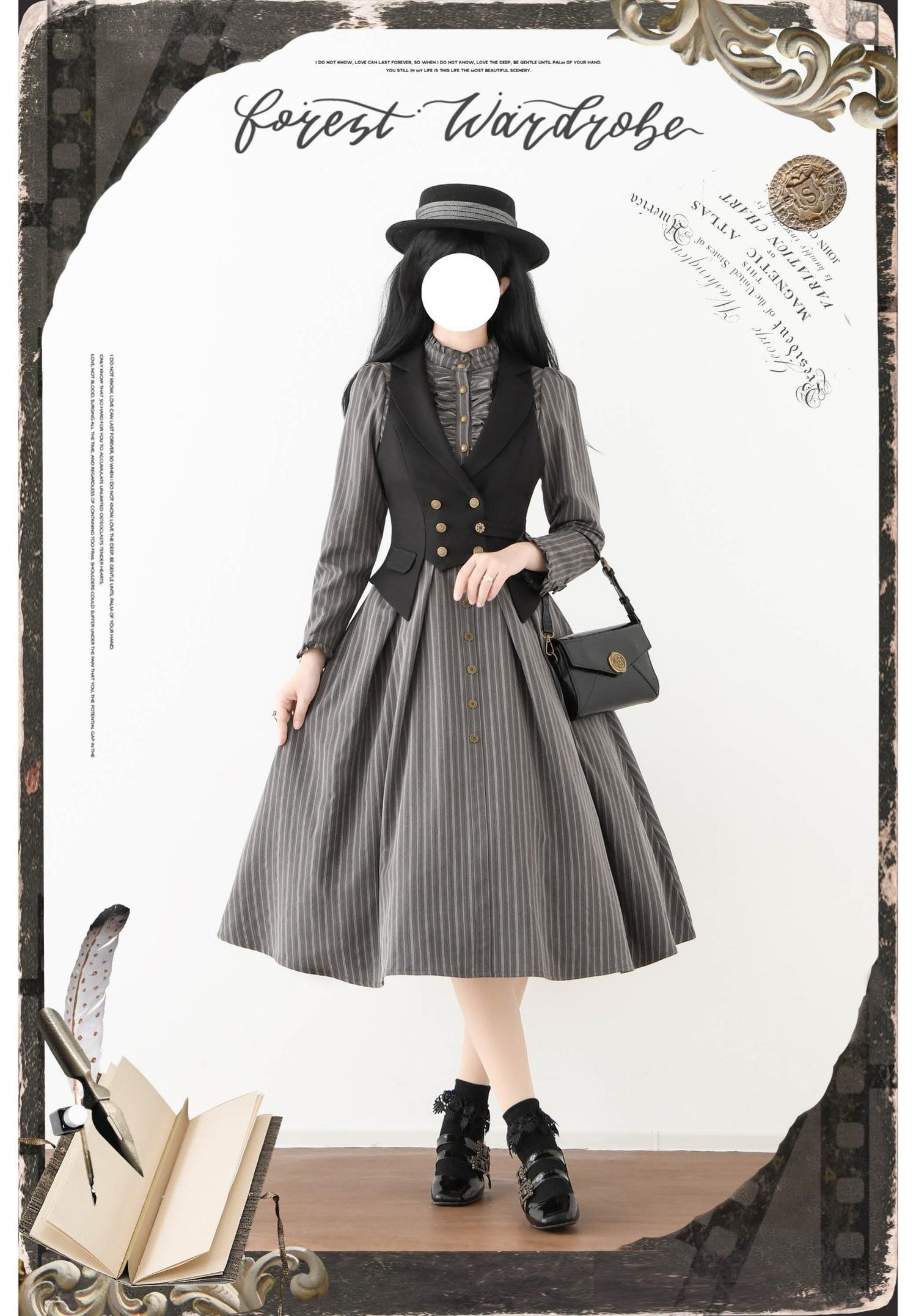 Forest Castle - Classic Lolita Long Striped Dress, Irregular Hem Vest 44441:809903