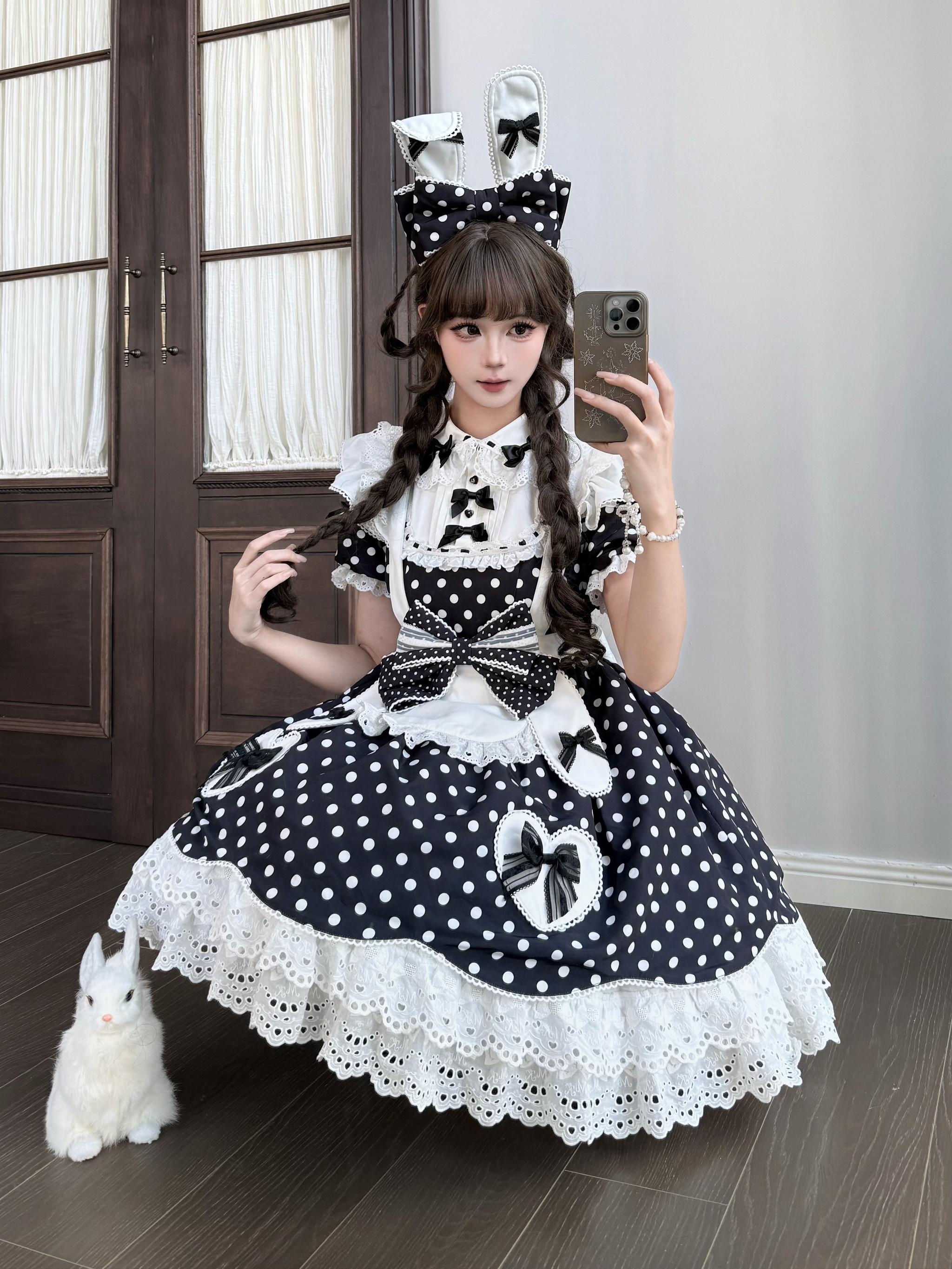 Bunny Kissaten - Four Colors Old School Lolita Polka Dot OP, Bunny Ear Apron 45824:864374