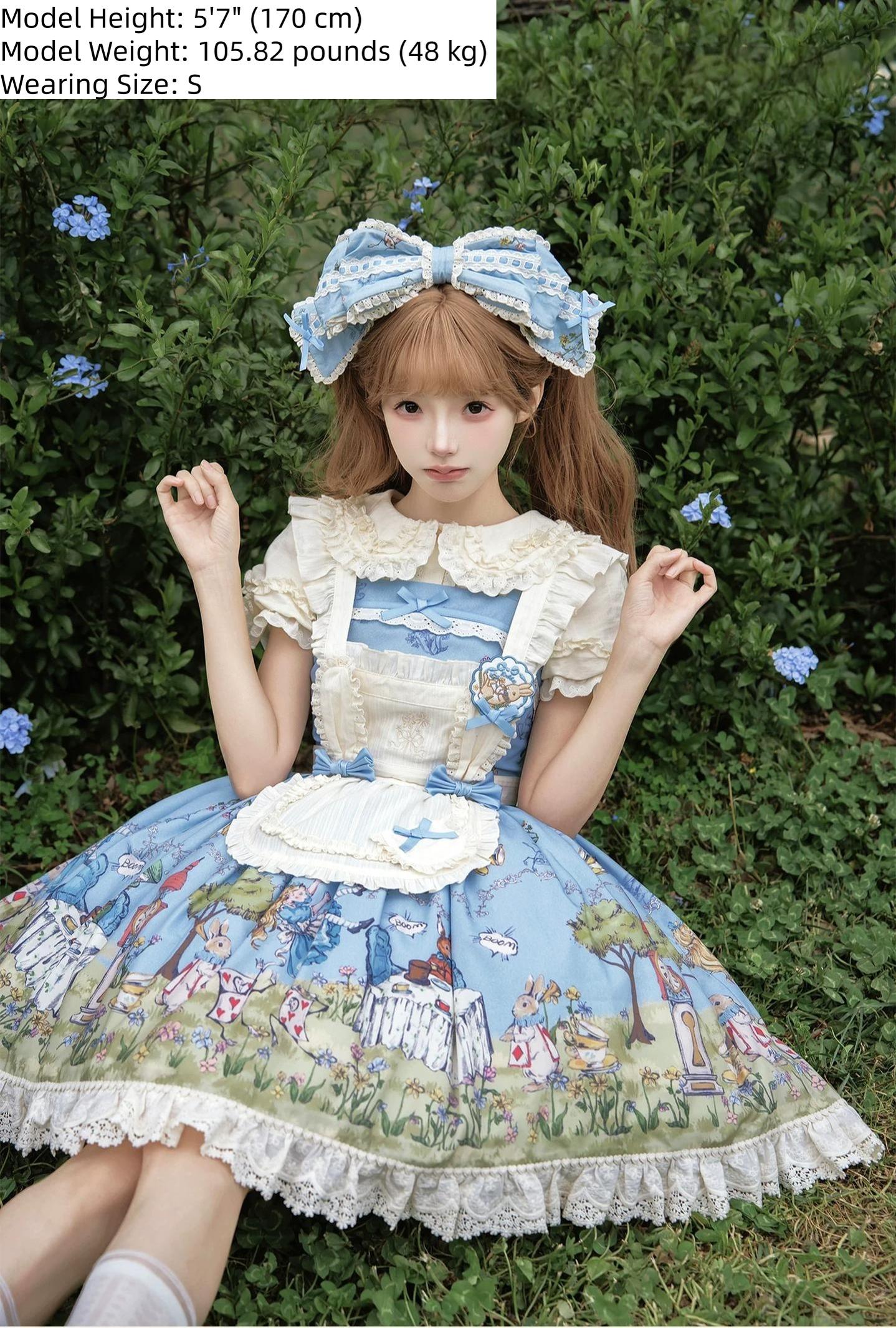 Alice - Sweet Lolita Cotton Lining Dress, Bunny & Clock Print