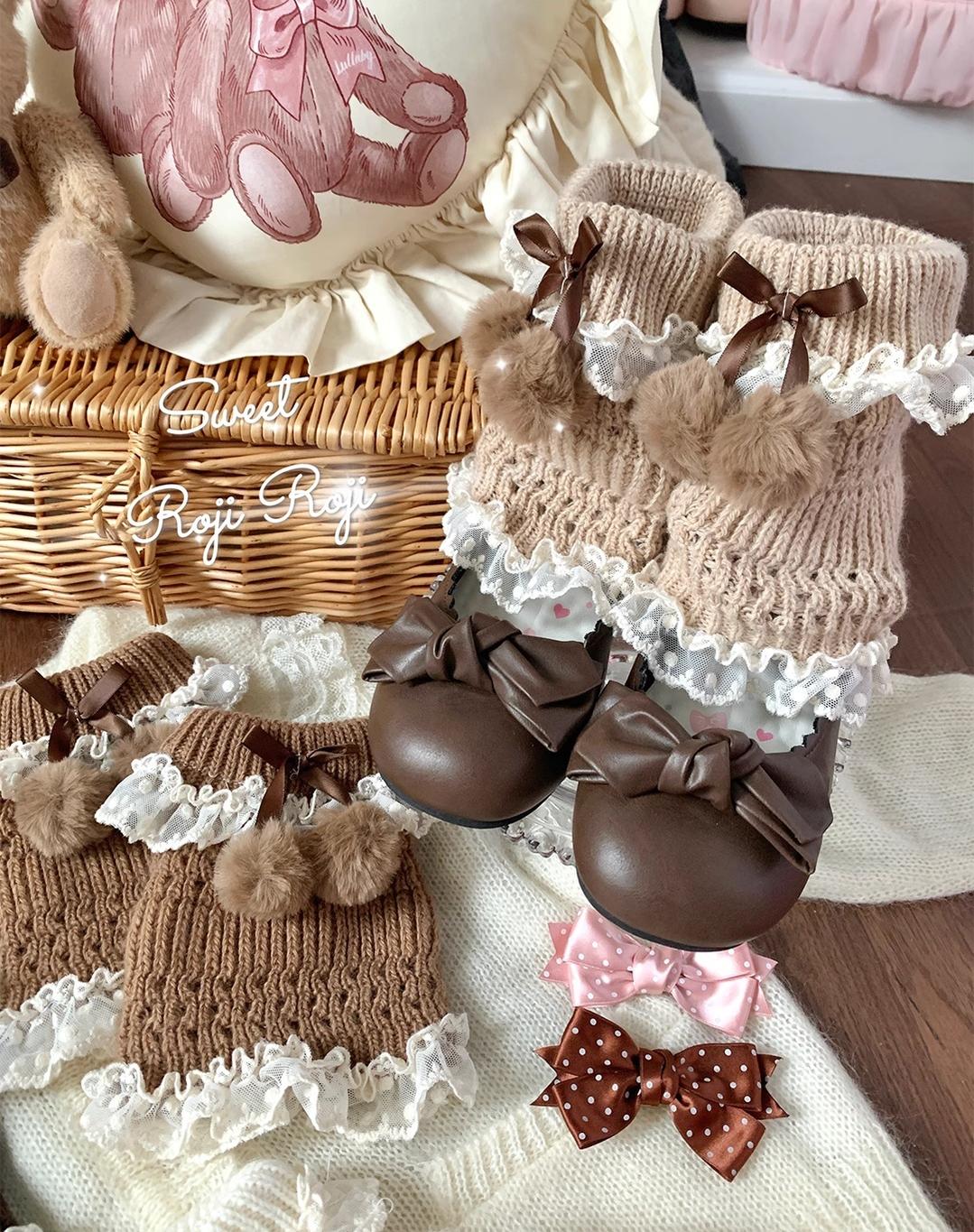 Roji Roji - Kawaii Lolita Wool Leg Warmers, Pom-Pom Accented Bow 43999:791795
