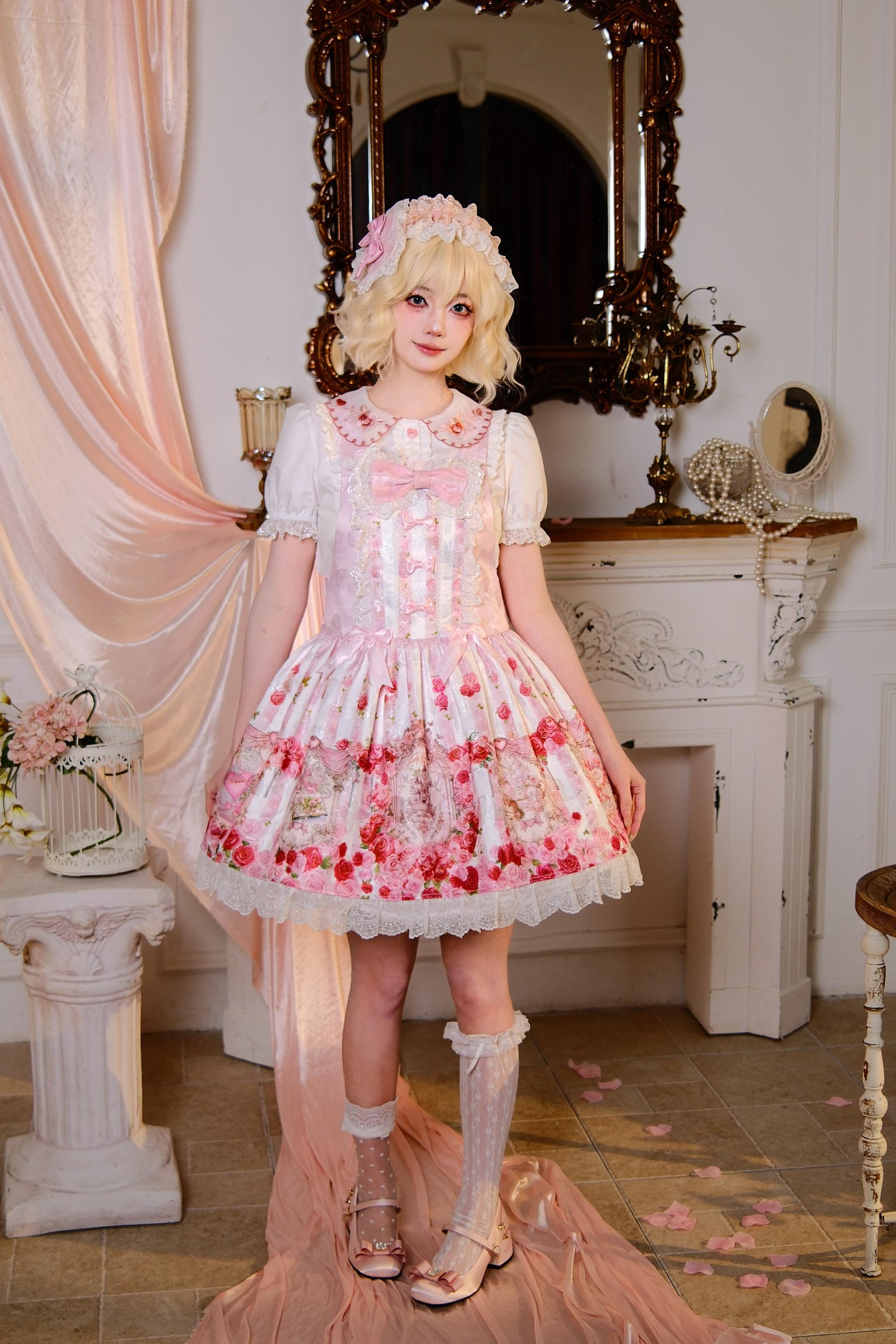 Rose Dream Isle - Sweet Lolita Rose Wall Print Dress, Embroidery & Bows