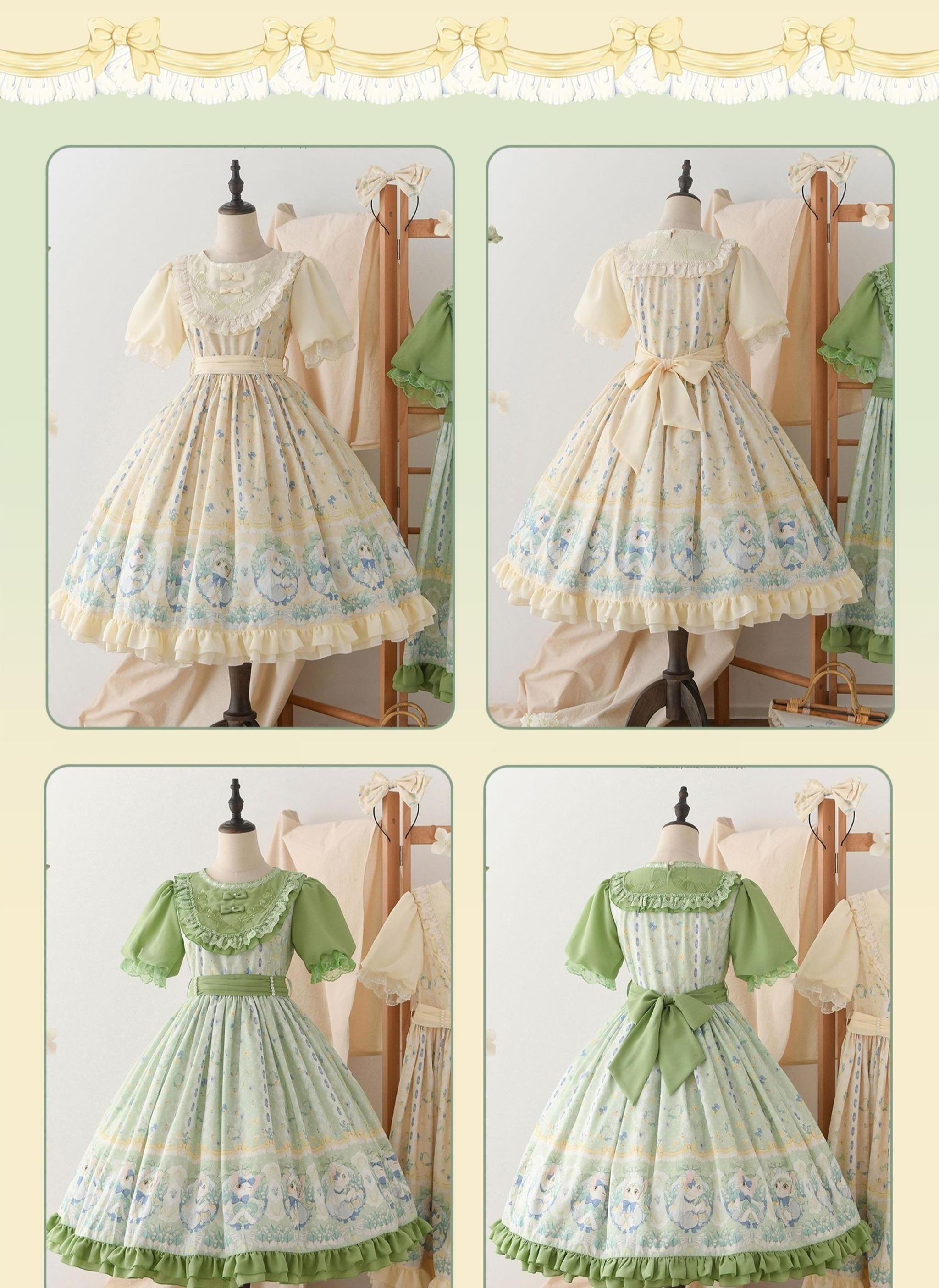 Strawberry Witch - Lily of the Valley Kitten - Country Lolita OP with Embroidery and Cat Print