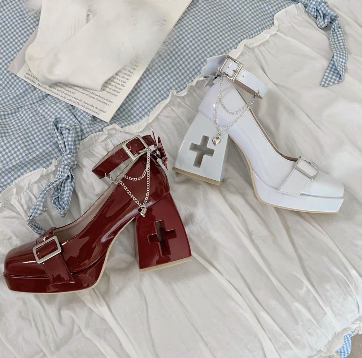 Bingo Lulu - Late Century Sweetheart - Punk Lolita High Heels Mary Jane Lolita Shoes 34 Burgundy