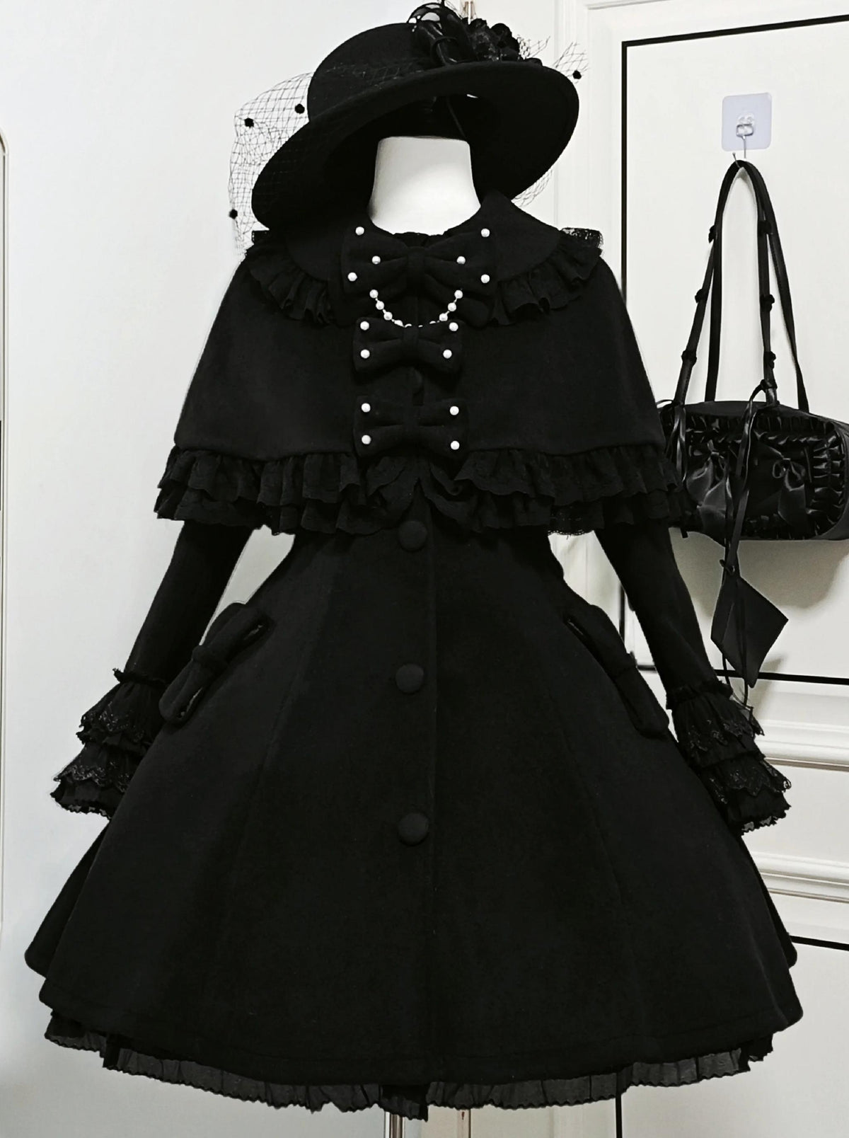 Lace Heart-Knot - Winter Sweet Lolita Lace Cape Coat, A-line Fit Black Coat Only (regular) S