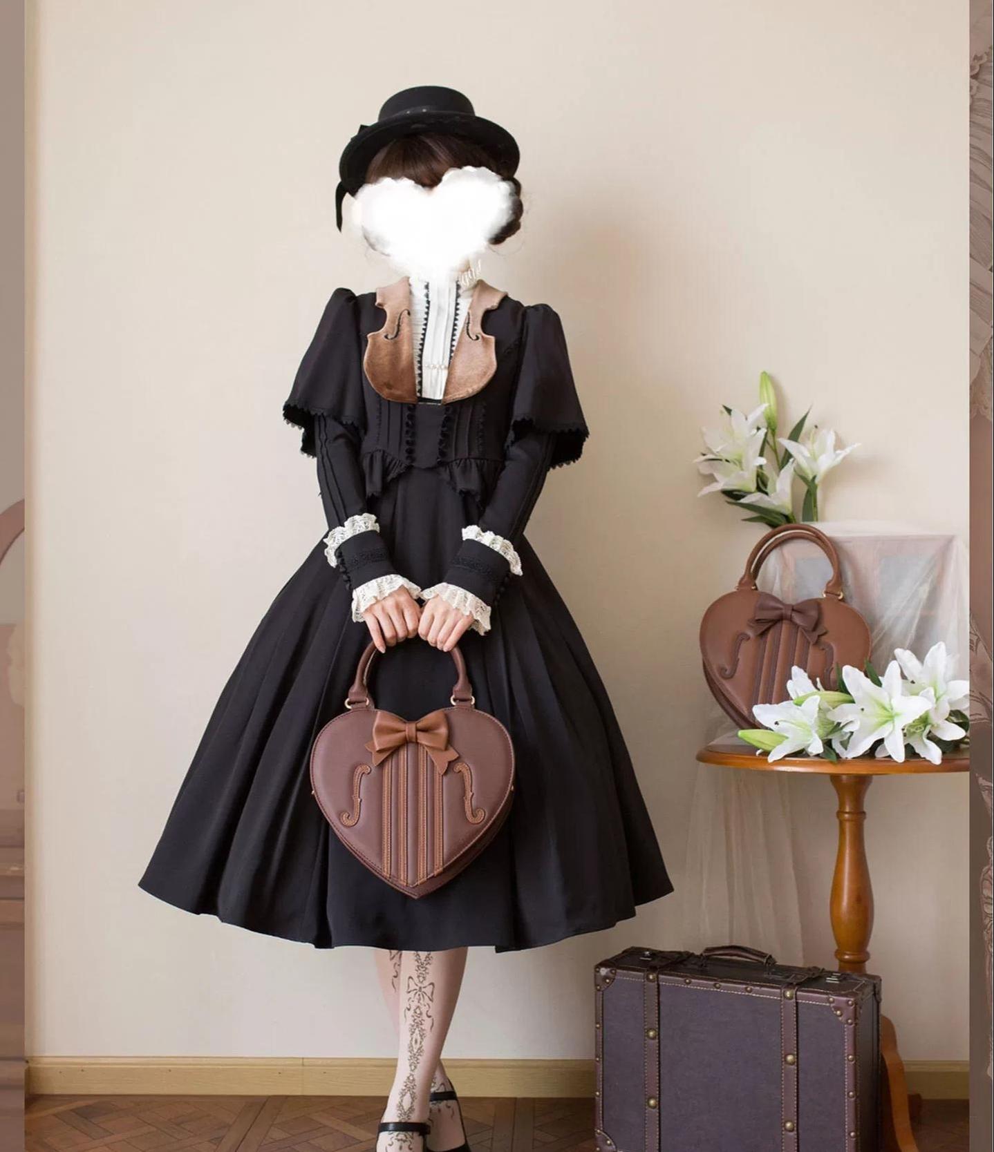 Heart of Violin - PU Classic Lolita Heart Shaped Bag, Violin and Bow Detail 45630:856504
