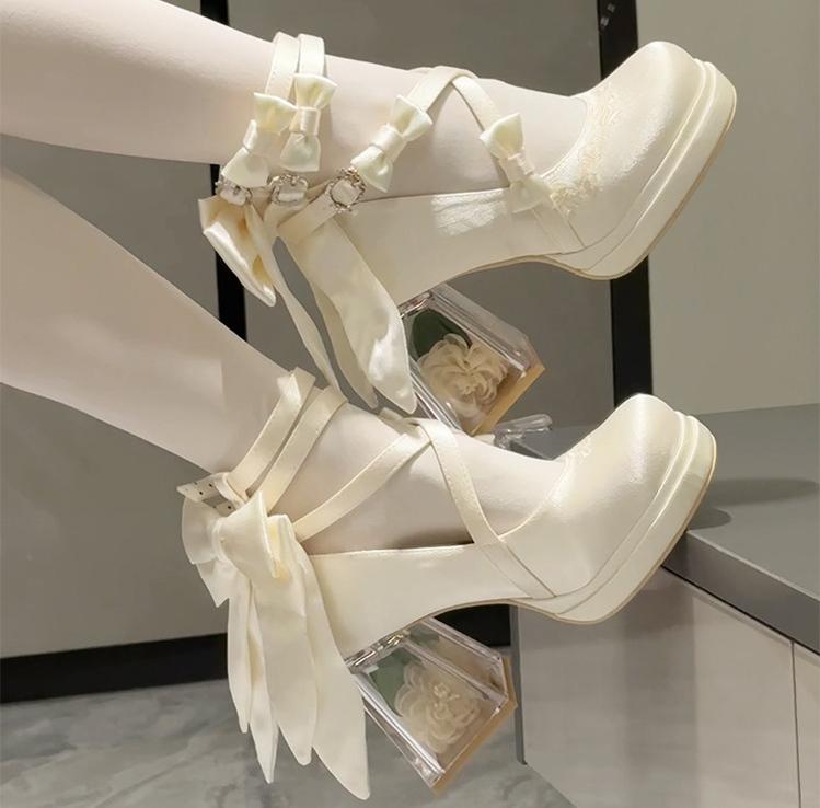 Panda Bear - Glass Floral House - Elegant Lolita Shoes,Transparent Heels with 3D Floral 44045:795321