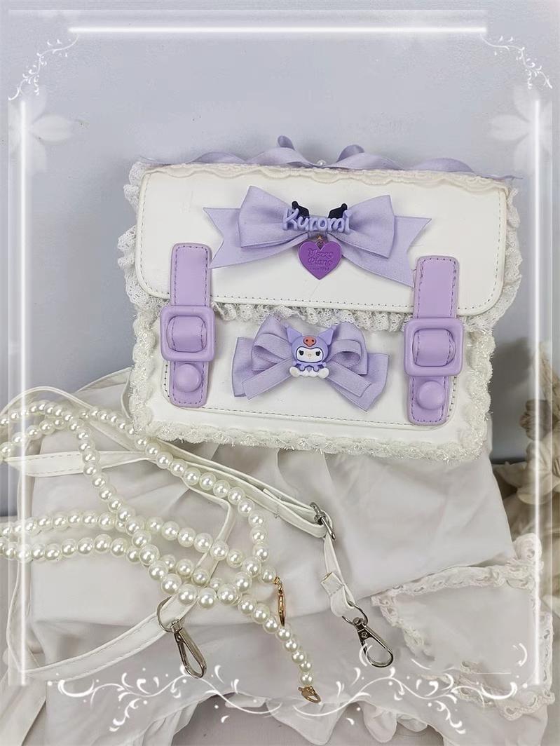 Cocoa Jam - Sweet Cute Lolita Cambridge Bag Lolita Satchel Shoulder Bag Purple white + pearl short chain + pearl long chain