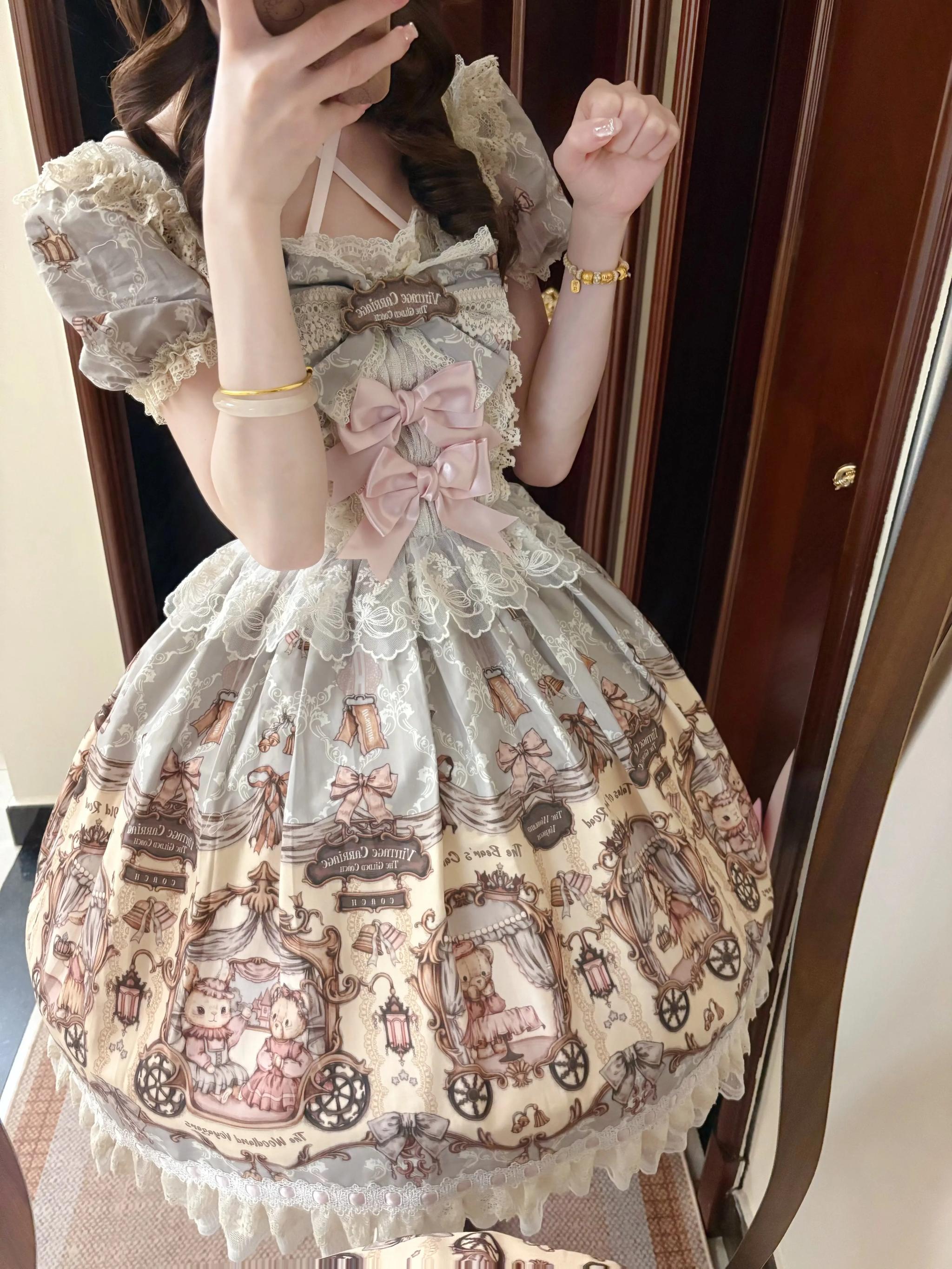 Bunny and Bear - Printed Sweet Lolita Dress, Lace and Bow Details