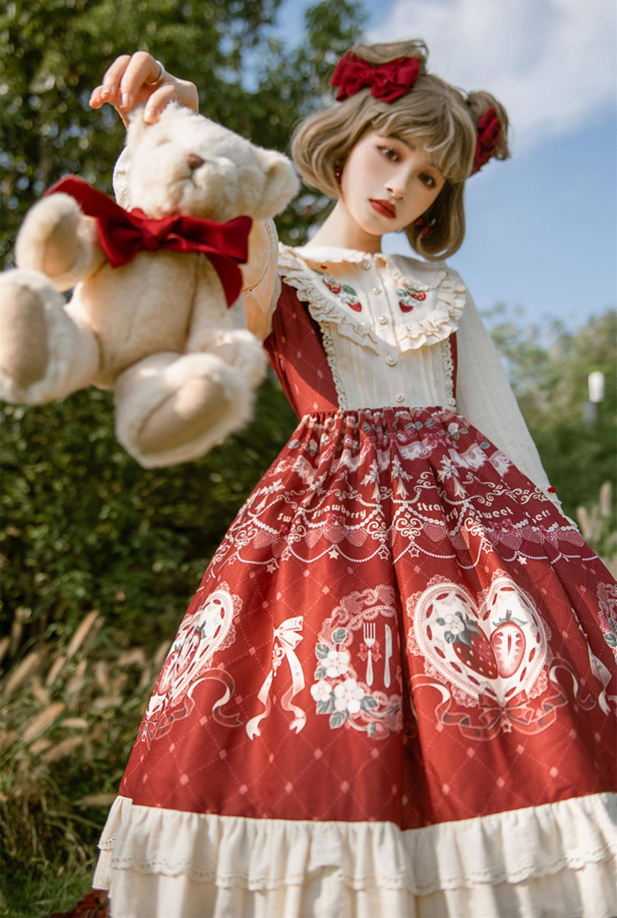 Strawberry Diary - Sweet Lolita Strawberry Print OP Dress with Cape