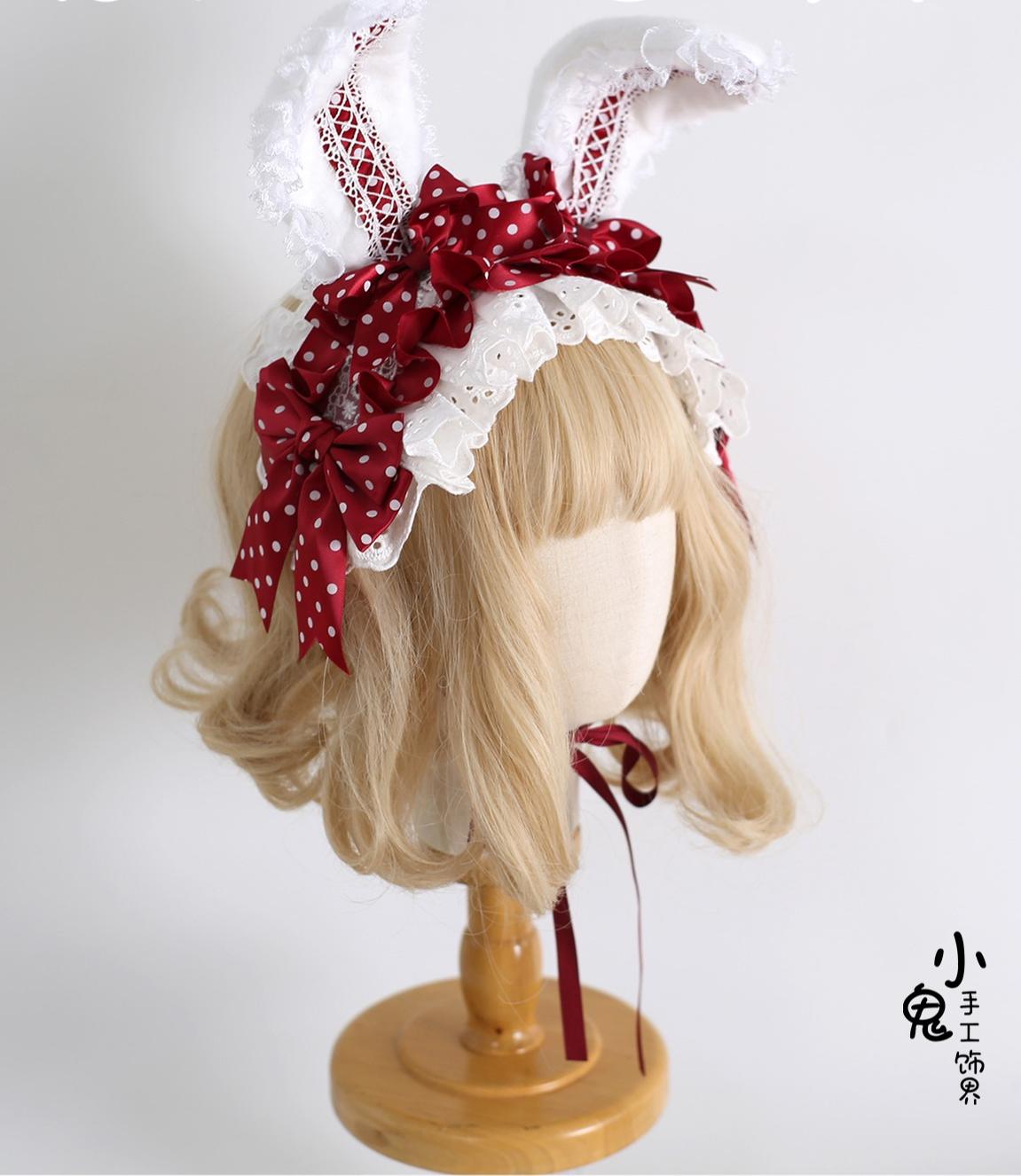 Xiaogui - Sweet Lolita Polka Dot Lace Hairband, Shapeable Bunny Ears 44127:797271