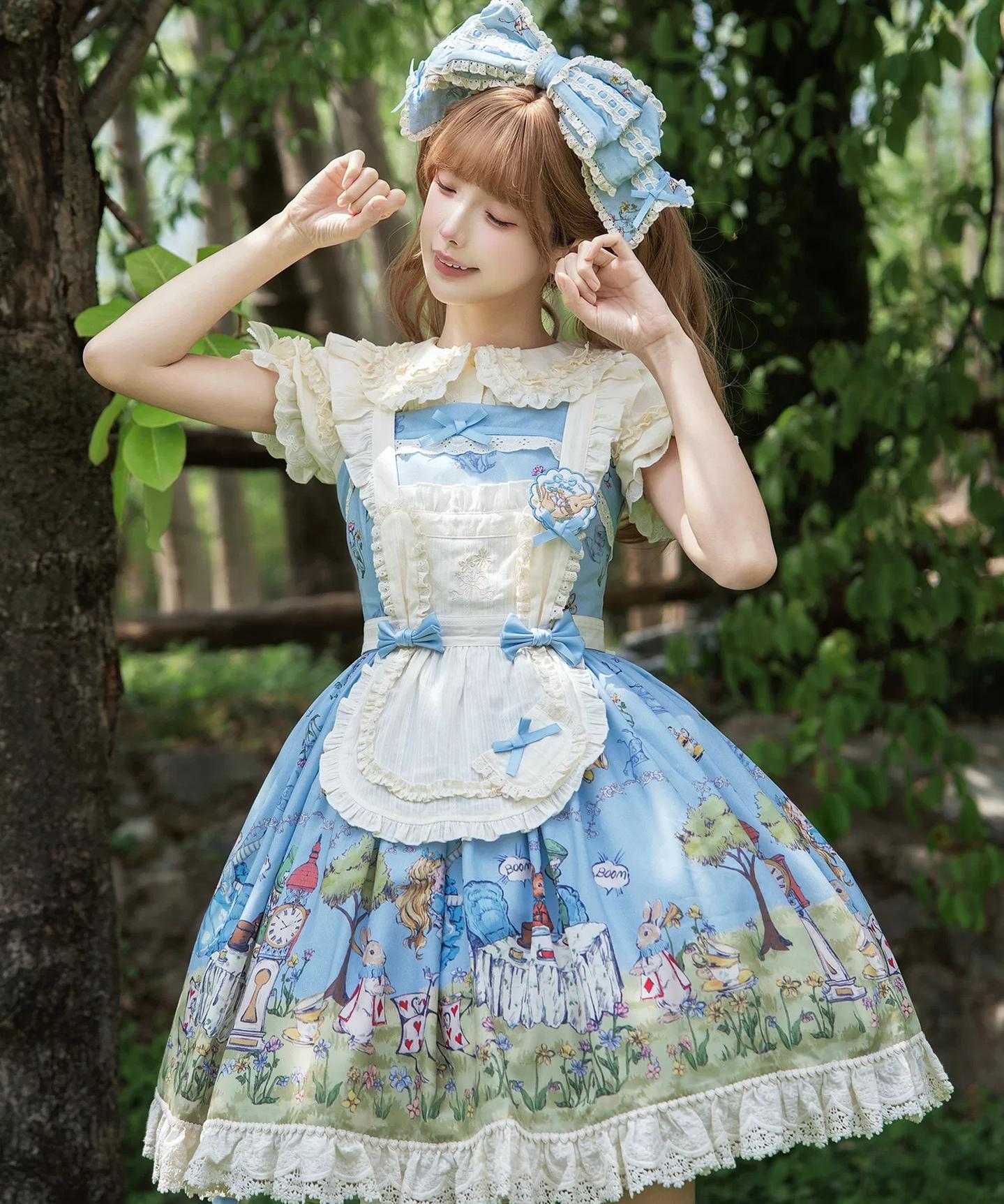 Alice - Sweet Lolita Cotton Lining Dress, Bunny & Clock Print