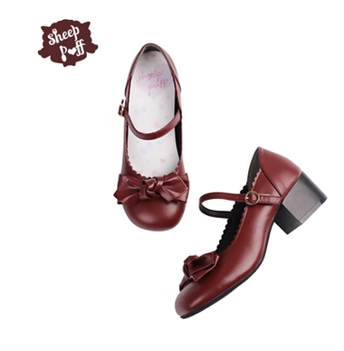 Sheep Puff~Kawaii Lolita Round Toe Mary Jane Shoes 35 burgundy mid heel 
