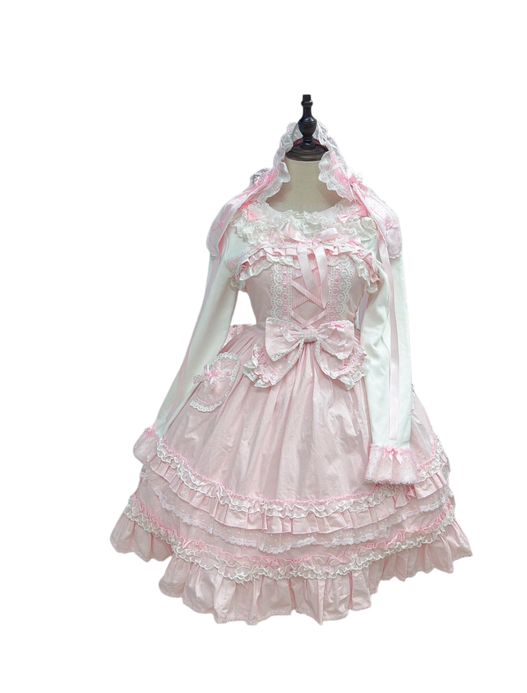 Little Dessert Chef - Old School Lolita JSK Dress, Cream-Like Ruffle Pink JSK + Waist Bow (pre order) S