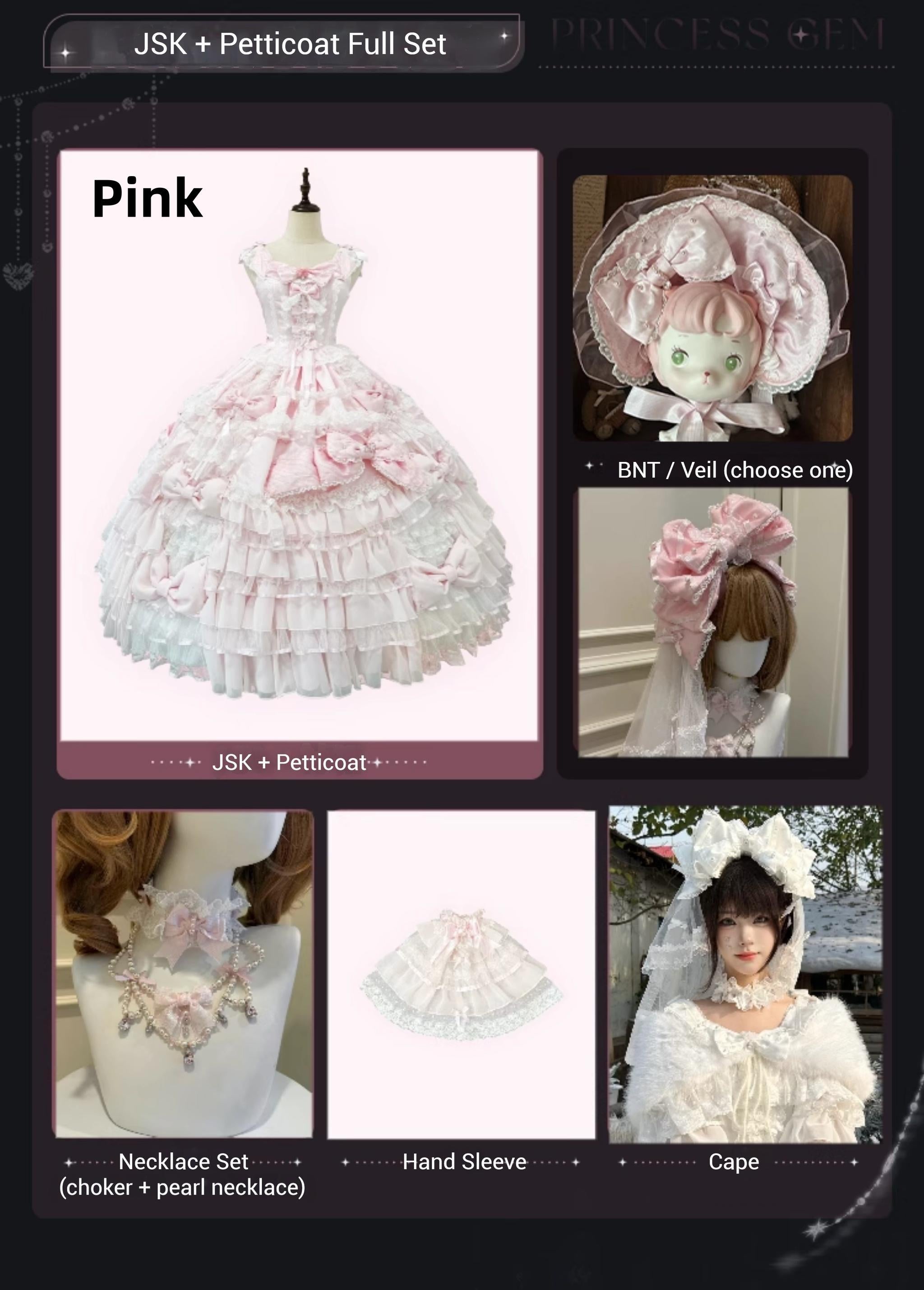 Mengfuzi - Gem Princess - Wedding Sweet Lolita JSK Dress Suit, Side Zipper (Pink / 2XL L M S XL) 44018:792907