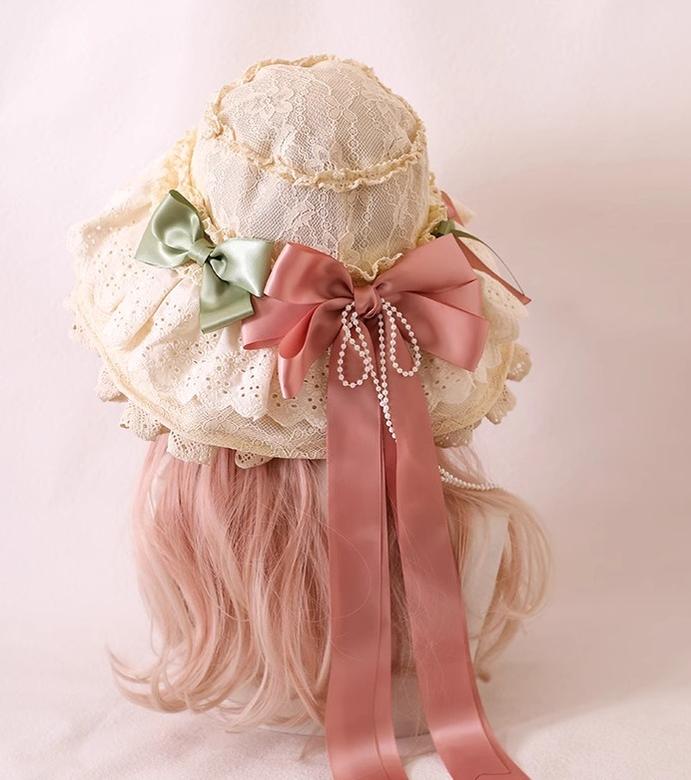Xiaogui - Elegant Lolita Sunshade Hat Floral Bow Hats One Size. The brim has soft wires that can be shaped. Satin ribbon in Korean pink and light green (lace hat)