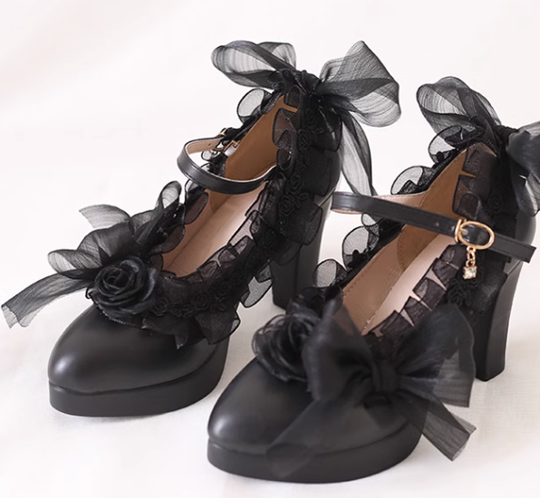 Xiaogui - Gothic Lolita Black Lace High Heels
