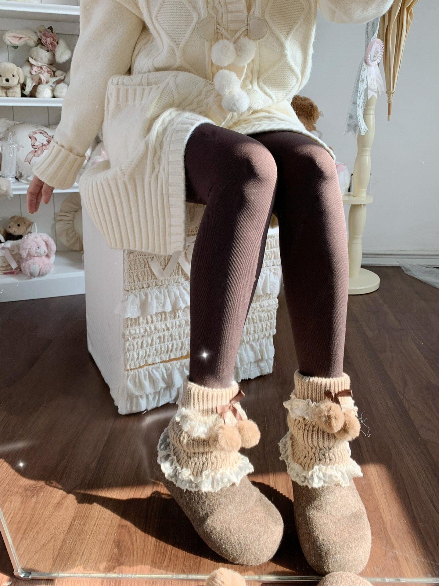 Daily Lolita Winter Fleece Lining Pantyhose Dark Coffee (with thin fleece) Footed Pantyhose