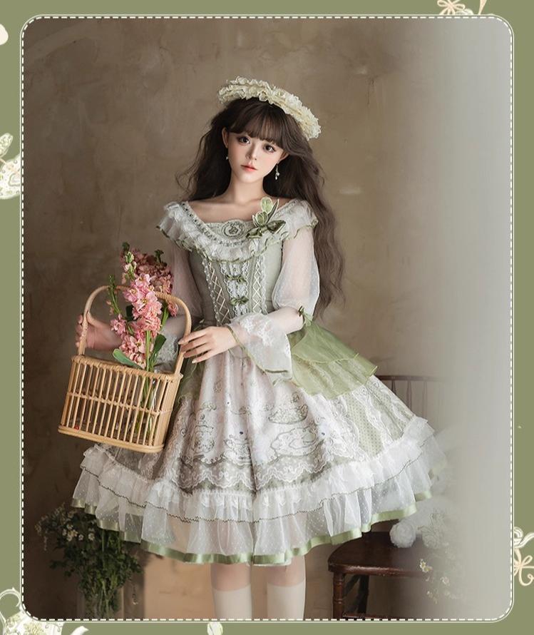 YingLuoFu - Teacup Bunny - Classic Lolita OP Dress, Fresh Green Floral Print 43263:783862