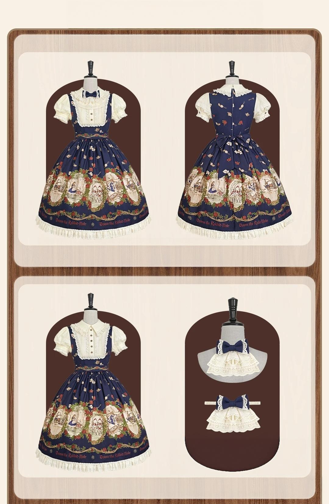 Down the Rabbit Hole - Daily Wear Classic Lolita OP & JSK Dress, Alice in Wonderland Print 46008:872001