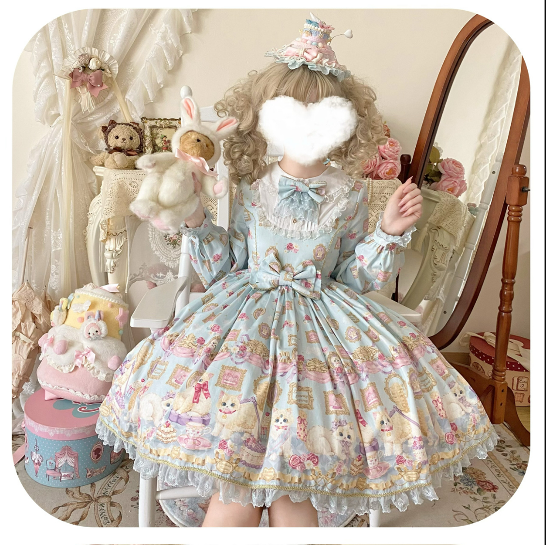 Discovering Treasures - Picture Frame Cat - Kawaii Lolita Dress Suit Cat Print JSK and OP 42605:747083