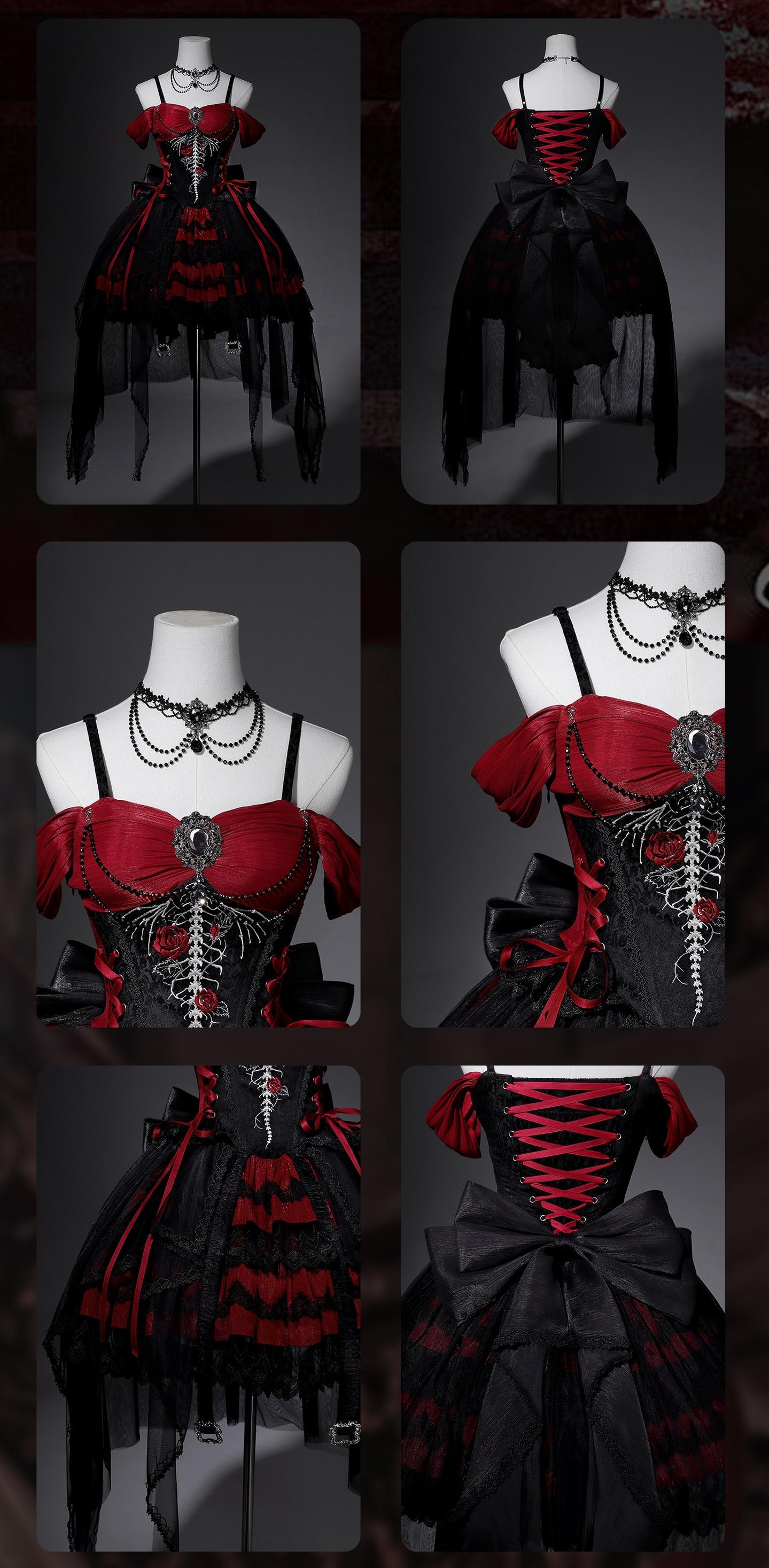 Eternal Thorn of the Dragonbone - Embroidered Gothic Lolita JSK Dress, Off-Shoulder