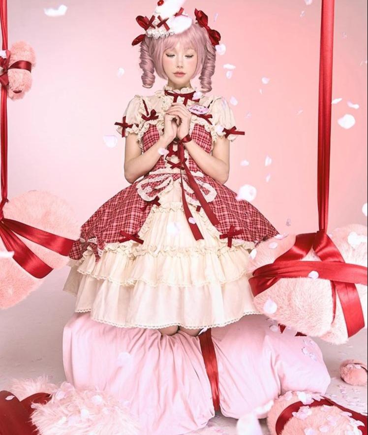 Confession Balloon - Red Plaid Cake Skirt - IP Collab Lolita Plaid JSK Dress