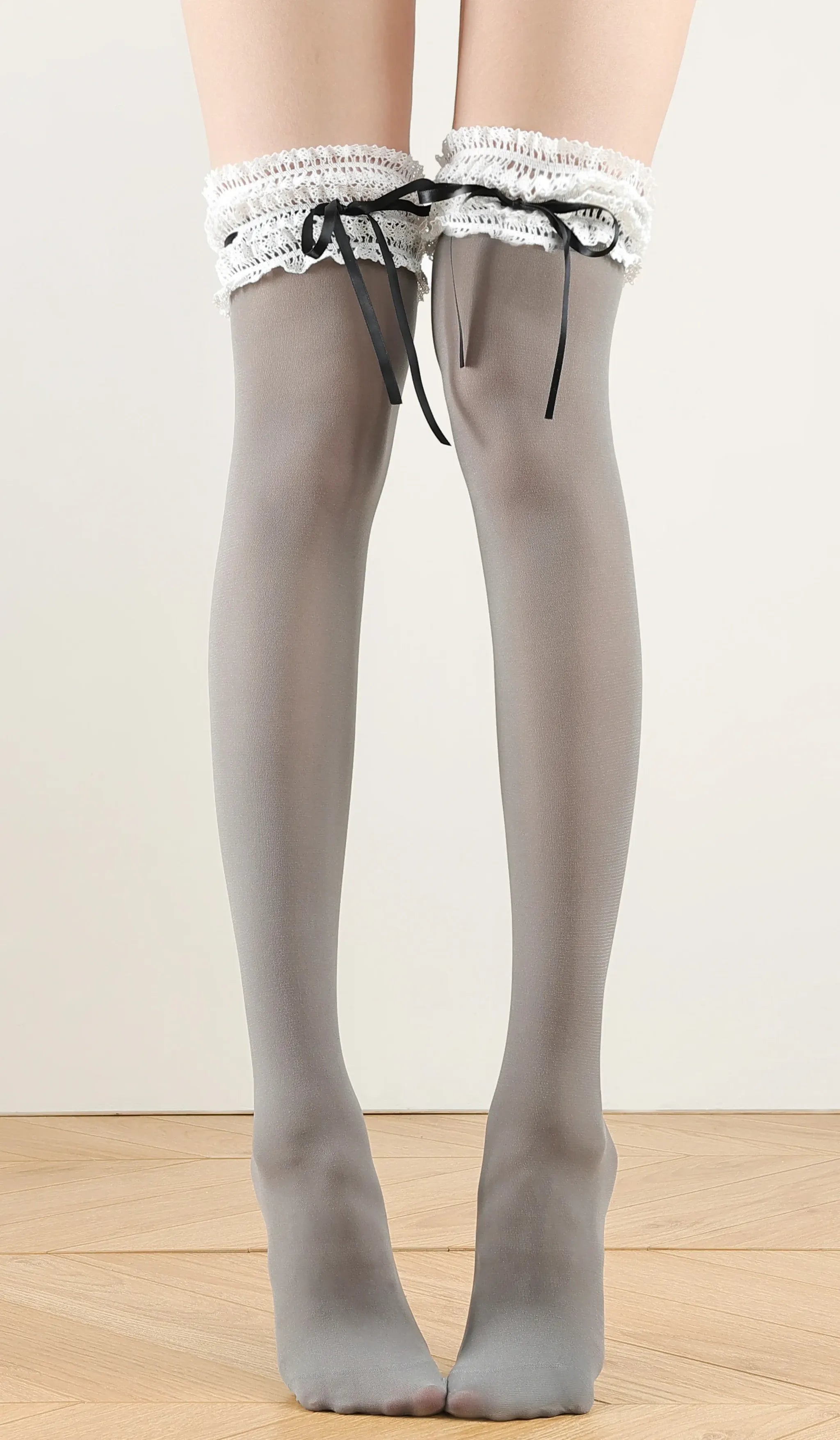 Classic Lolita Socks, Lace Ruffles & Ribbon Bows Gray Over-the-knee Socks / 19.7" (50 cm) One Size