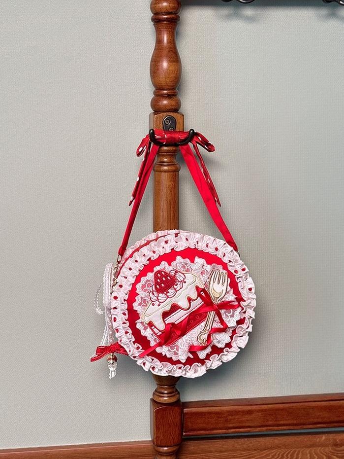 Shuang Sheng Xiao Xiong - Bite The Cake - Sweet Lolita Accessories, Red & White Polka Dots One Size Round Bag