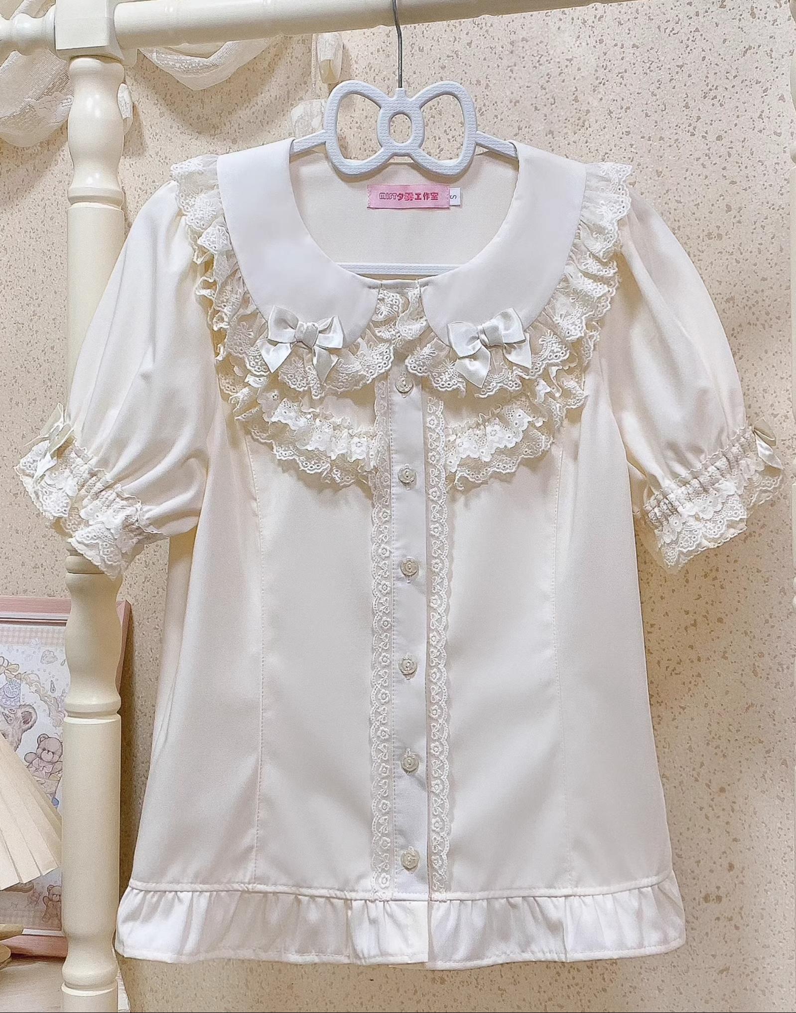 MIST - Summer Time - Kawaii Lolita Shirt with Peter Pan Collar and Short Sleeve Ivory shirt only S