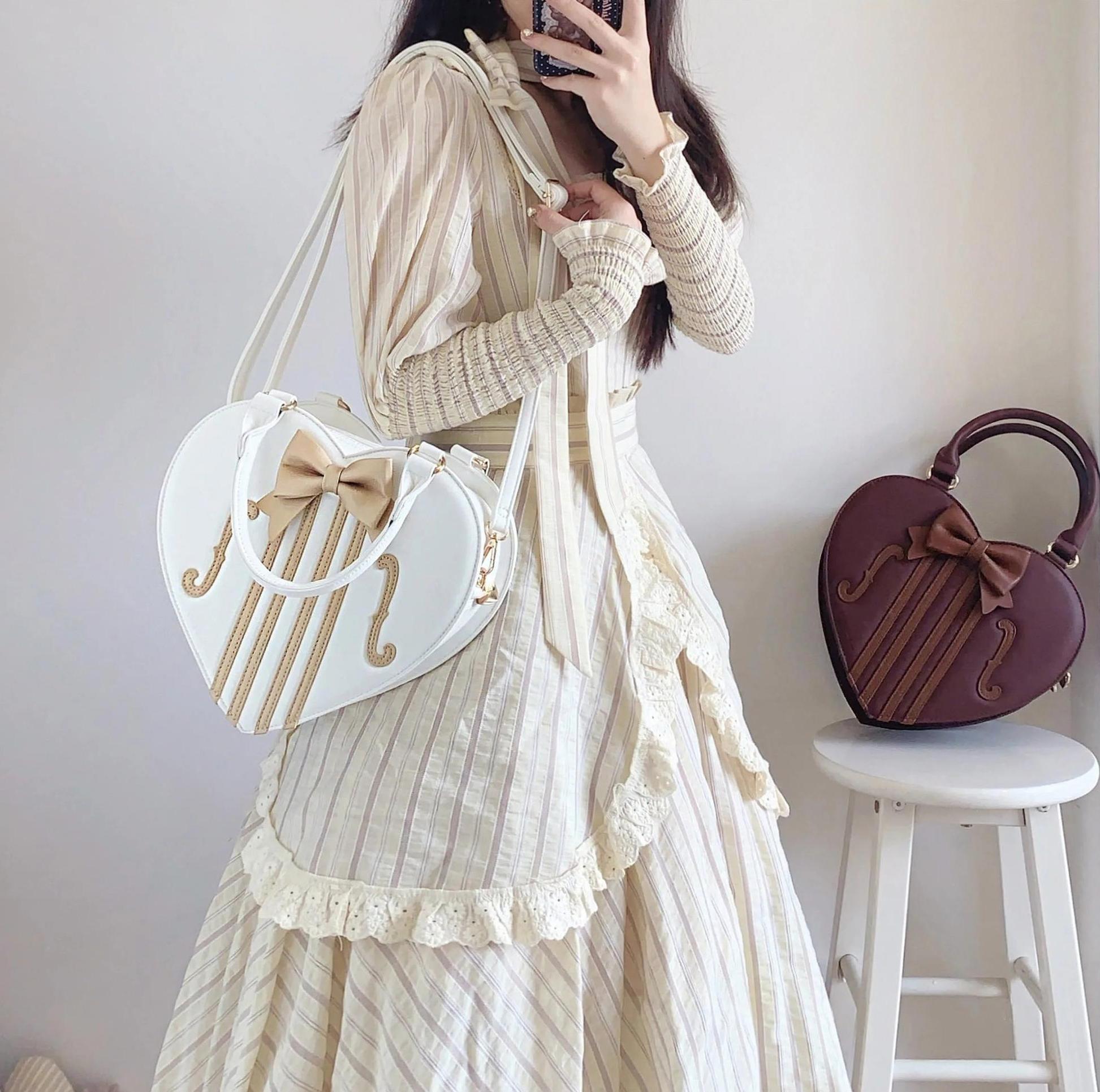 Heart of Violin - PU Classic Lolita Heart Shaped Bag, Violin and Bow Detail 45630:856505