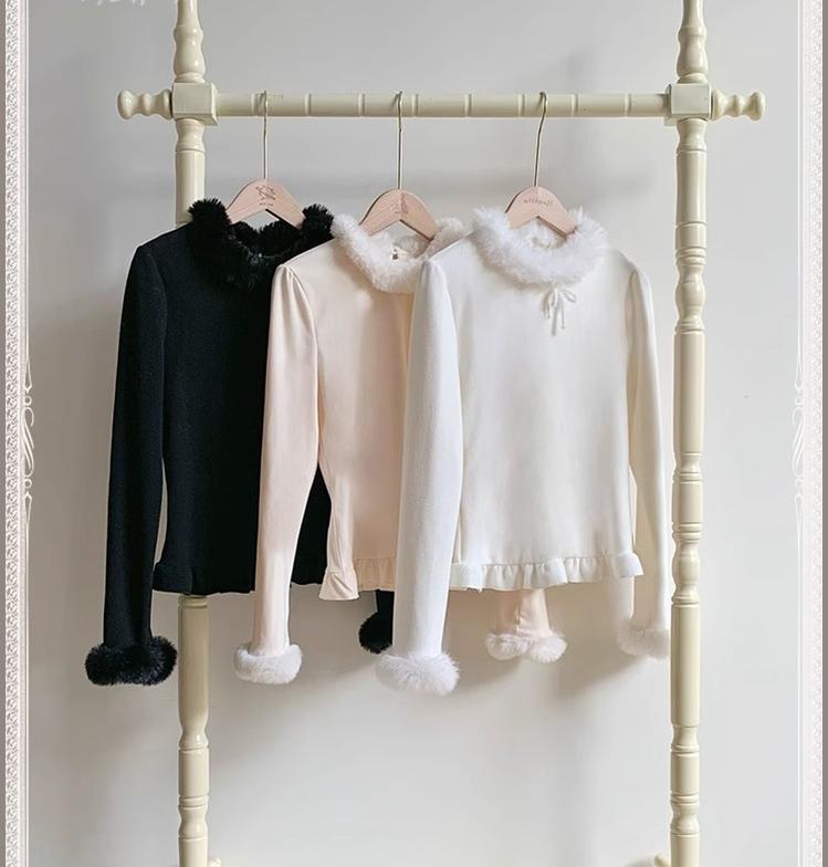 With PUJI - White Chocolate - Winter Elastic Lolita Top with Fuzzy Trims 44259:800879