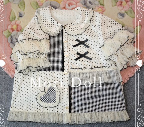 Mori Doll - Peach Tea - Sweet Lolita Dot and Stripe Print Short Sleeve Blouse S black