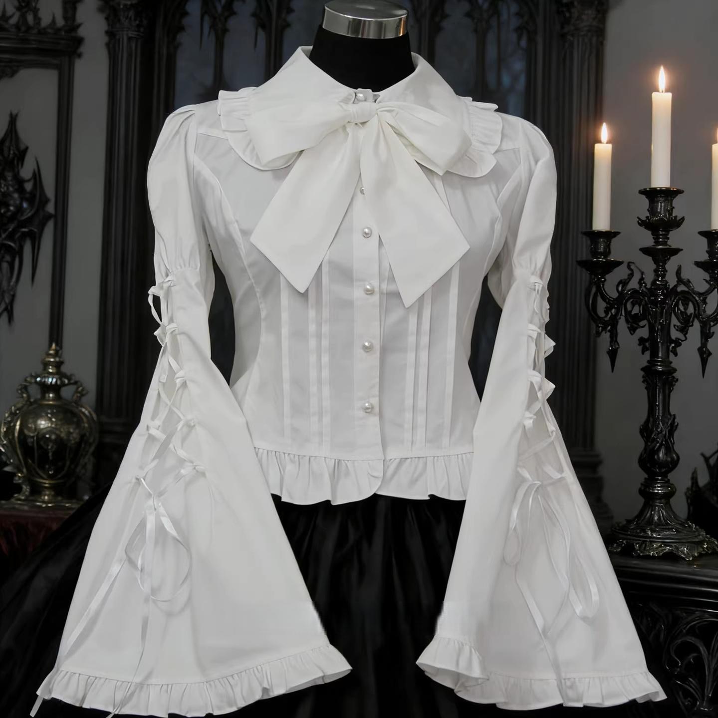 Night Prayer - Gothic Lolita Cotton Blouse, Hime Sleeve White Blouse Only S