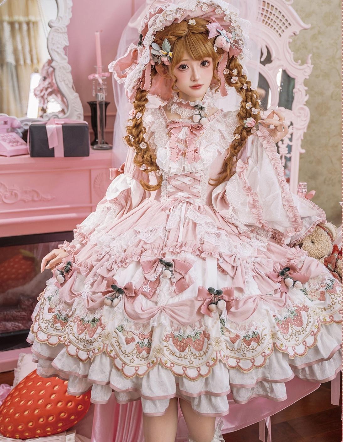 Bramble Rose - Starryberry Eden - Hime-sleeved Sweet Lolita Dress, Strawberry Embroidery 44262:801473