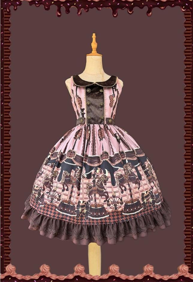 Chocolate Carousel - Peter Pan Collar Old School Lolita JSK Dress, Carousel Print