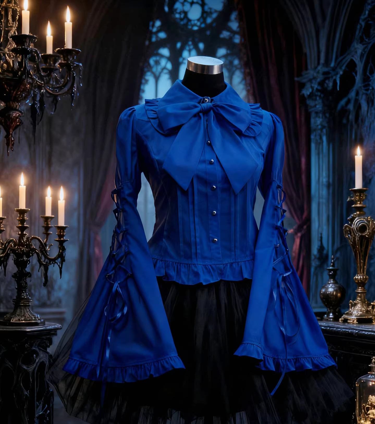 Night Prayer - Gothic Lolita Cotton Blouse, Hime Sleeve Klein Blue Blouse Only S