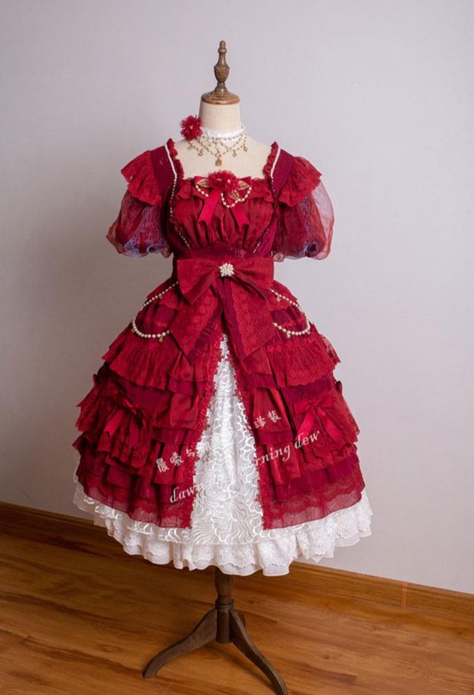 Waltz - Classic Lolita Plus-size OP Dress, Front Opening Burgundyn - OP + 1 Waist Bow + 4 Hem Bows S
