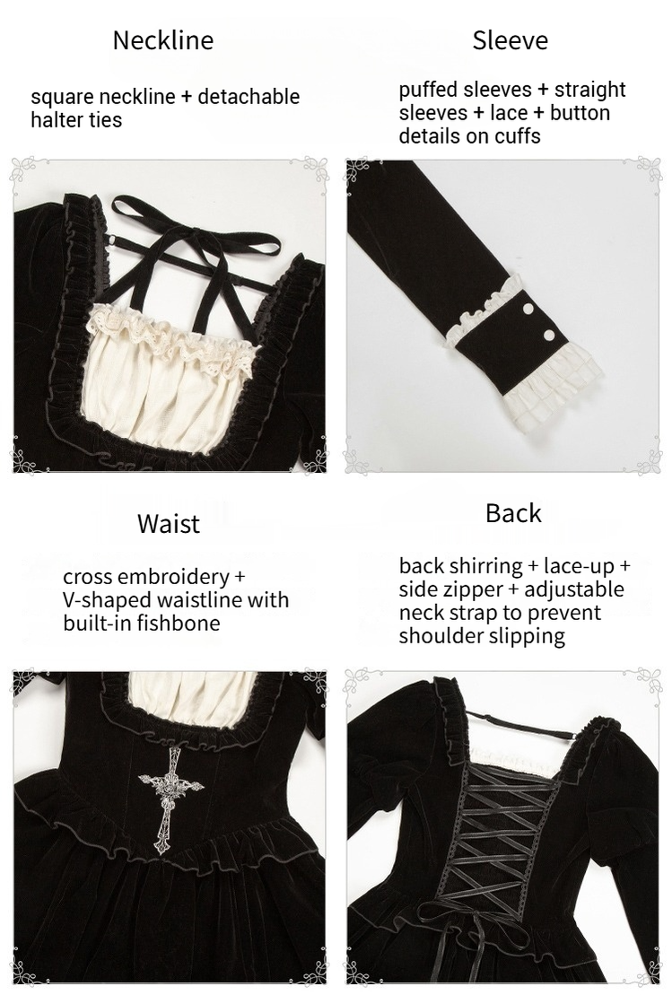 With PUJI - Apocalypse - Gothic Lolita Velvet OP Dress Set, Fishbone Waist 44128:797423