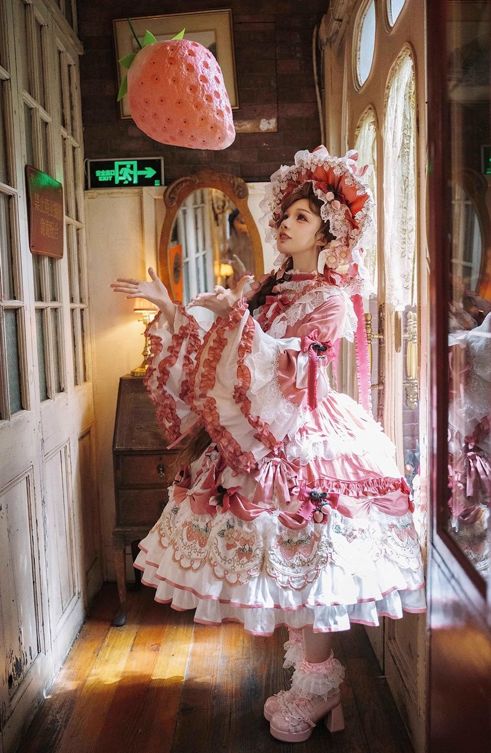 Bramble Rose - Starryberry Eden - Hime-sleeved Sweet Lolita Dress, Strawberry Embroidery 44262:801214