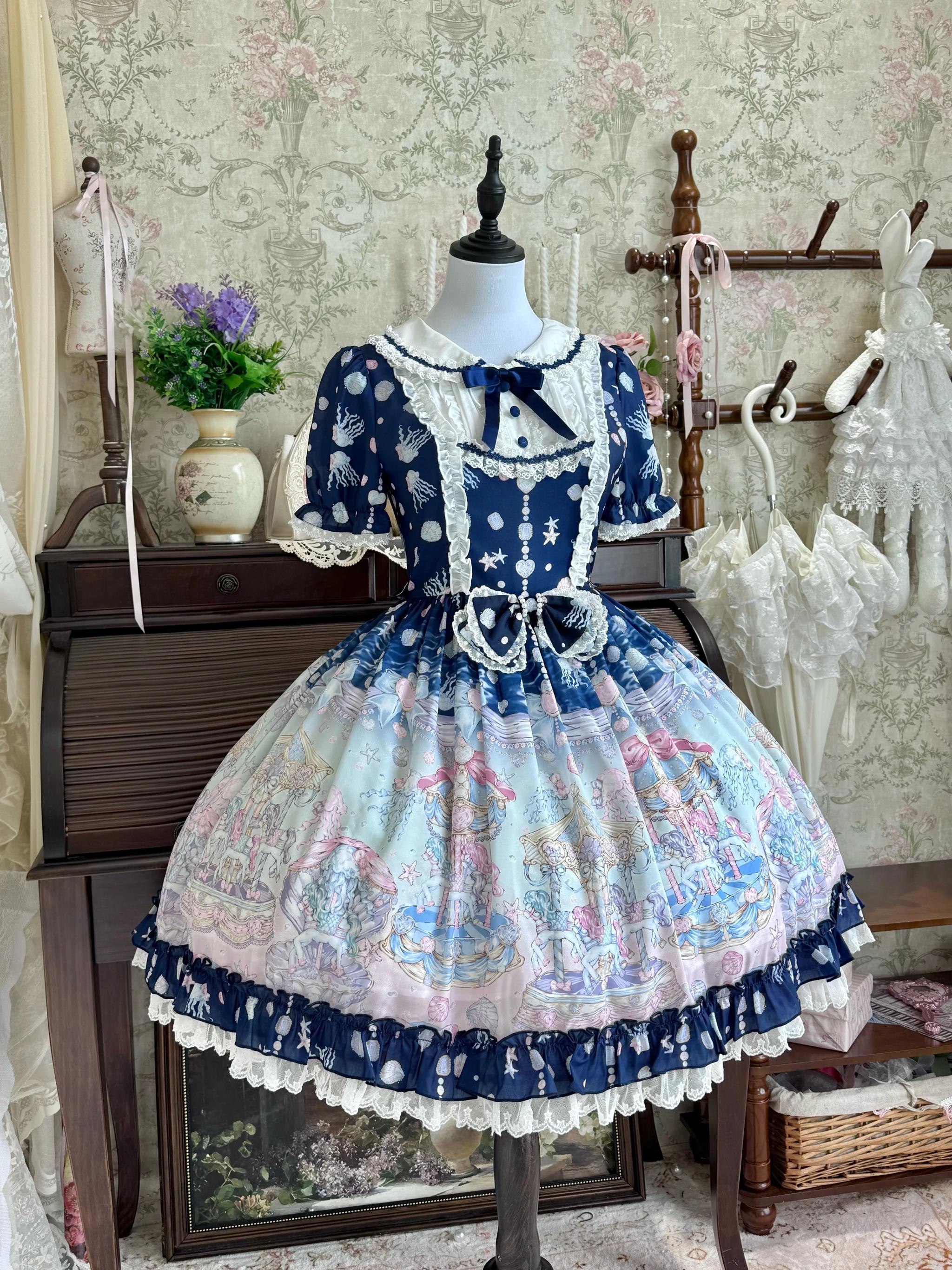 Glimmering Carousel - Sweet Lolita OP & JSK Dress Set, Ocean Carousel Print (L M S XL) 45827:863941
