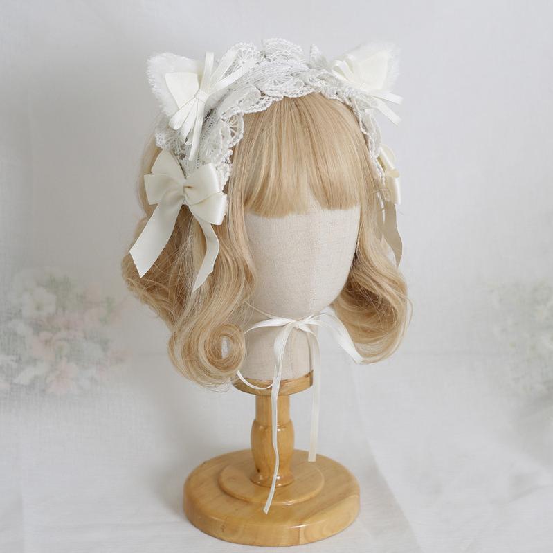 Xiaogui - Sweet Lolita Cat Ear Bow Headband Milk White Cat Ear Hairband